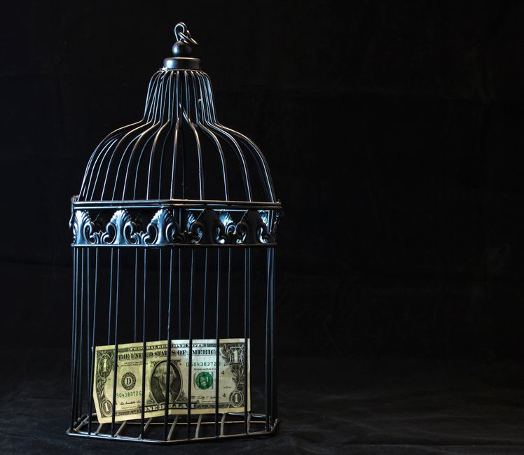 A close-up image of a metallic birdcage with ornate decorative details, positioned on a black surface against a dark background. Inside the cage, there is a folded US dollar bill, with the number 1 cl