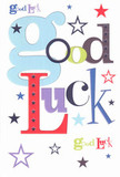 A bold, cheerful good luck card is photographed flat against a clean white surface, its entire design dedicated to the exuberant words Good Luck splashed across the centre in a joyful mix of fonts and colours. The oversized letters dance playfully together: a soft, pastel blue g curls confidently at the beginning, followed by deep reds, mossy greens, inky blacks, and rich purples, each letter shaped slightly differently as if hand-picked by a designer with a painter's eye. Around the message, the white background acts like fresh card stock straight from a Grays stationery shop, crisp and smooth, catching the light with a gentle, matte sheen that hints at quality you can feel between your fingers. Scattered across this white field are stars in every size and shade, from navy and indigo to sky blue, lilac, and a touch of lime, as if someone has gently blown a handful of confetti over the card. The stars cluster more densely near the words and thin out toward the edges, creating the sense of wishes drifting upwards, like the night sky above the Thames at Grays Beach riverside park. The overall mood is one of heartfelt encouragement and excited anticipation, perfect for sending with a bouquet to someone starting a new job in town, sitting an exam at a local college, or heading off on a new adventure beyond Essex. The design feels contemporary yet warm, the kind of card you might choose at the same time as ordering fresh flowers for same-day delivery across Grays, pressing it carefully into the envelope as a tangible token of belief and support.
