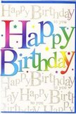 This cheerful birthday card radiates the same happy energy as a colourful party table set up in a Grays kitchen before the guests arrive. Dominating the design, the words Happy Birthday are printed in large, flowing letters that move through a full spectrum of colour-starting from bold crimson at one end, shifting through magenta, ocean blue, leafy green, and citrus lime, and finishing in warm, golden yellow. Each letter looks as though it has been dipped in its own pool of paint, yet the transitions between hues are smooth and seamless, creating a lively gradient reminiscent of a bright spring bouquet. In the background, a delicate pattern of Happy Birthday to you repeats in slim, curling gold script, running lightly across the card like lines of a favourite song. The script twinkles softly, similar to the glimmer of ribbon on wrapped presents or gentle evening light catching the surface of the Thames near Grays. It stays faint and elegant, offering texture and depth without taking attention away from the central rainbow message. Tiny dots, specks, and the suggestion of small stars float between the letters, evoking scattered confetti or sparkles in the air when candles are blown out. The finish looks smooth with a slight sheen on the colourful text, implying a quality card stock often chosen for special celebrations. Overall, the design feels bright, modern, and warmly inviting-the kind of birthday card that makes a strong impression when paired with a fresh bouquet delivered to a doorstep in Grays, ready to turn a simple greeting into a treasured, festive moment.